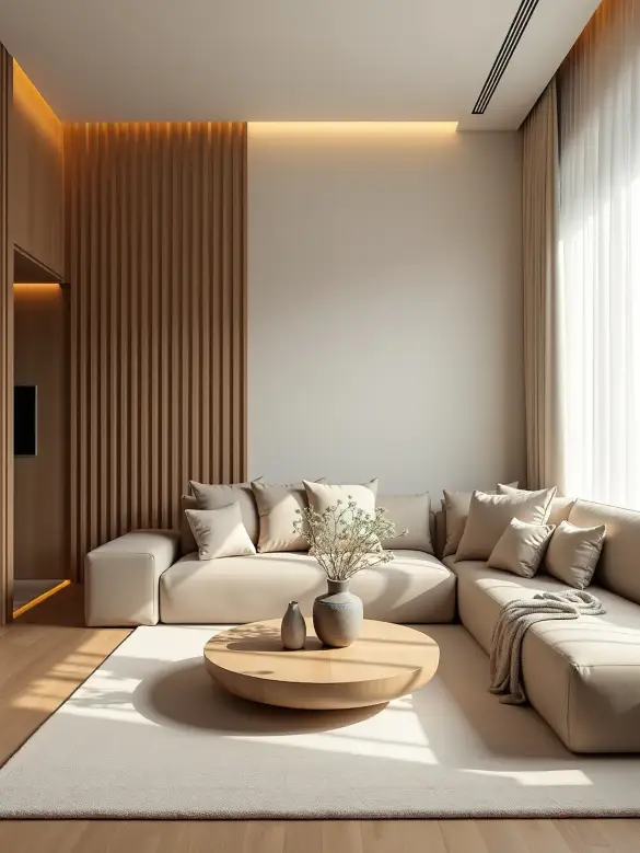 Salon moderne avec canapé beige et table ronde