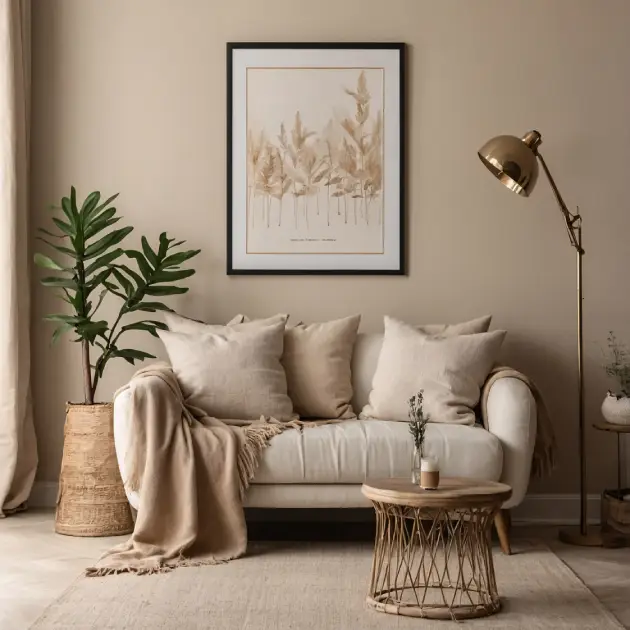 Salon élégant avec canapé beige et plante verte